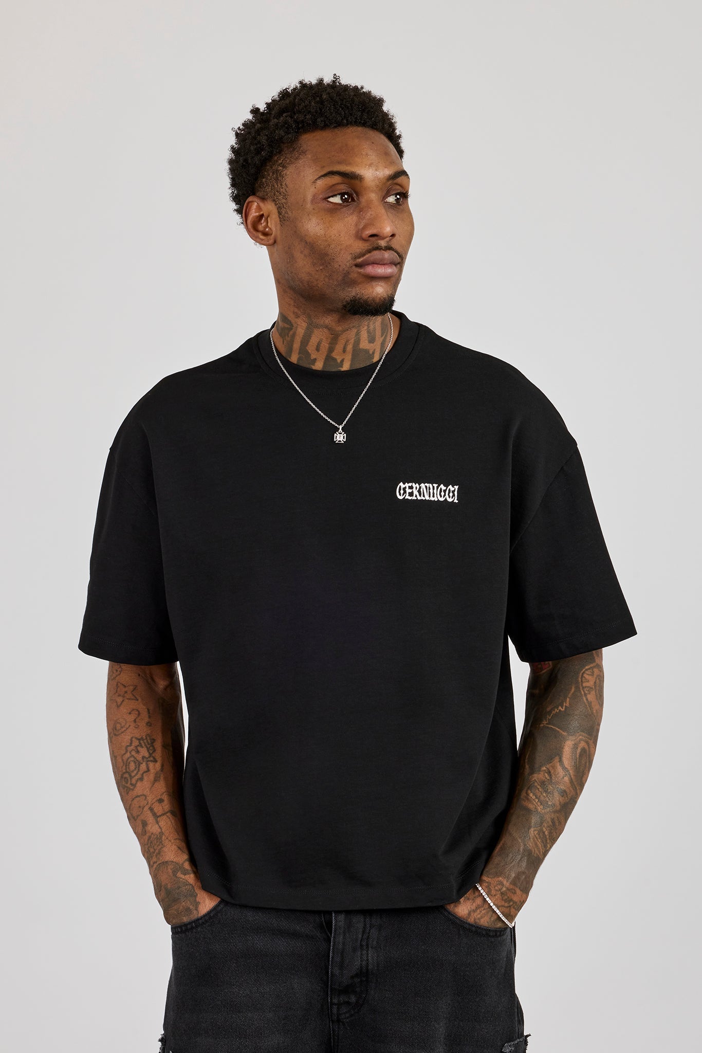 Boxy Cernucci High Build Embroidered T-Shirt - Black